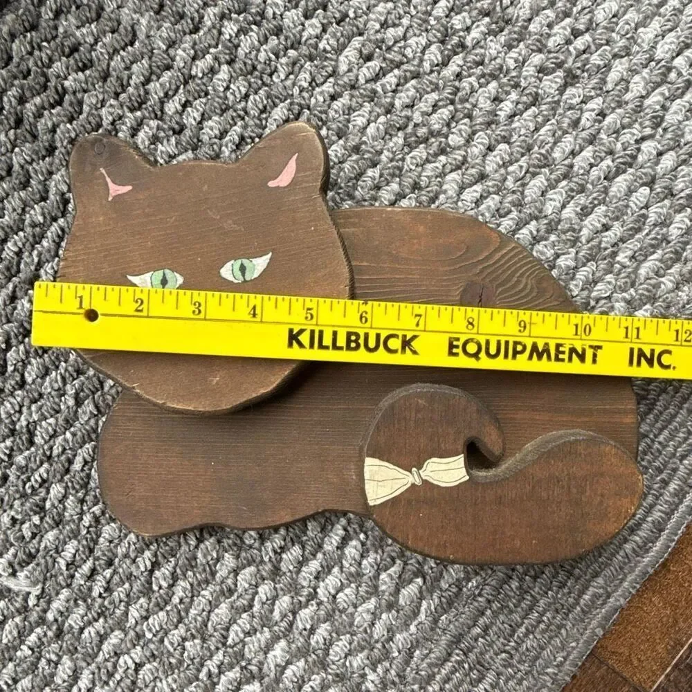 Vintage Wooden cat handmade and painted brown 11 inches folk art kitschy crazy c